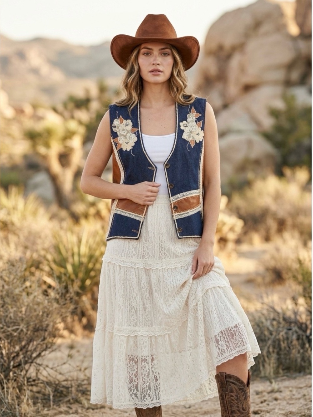 Vintage Handmade Leather Denim Floral Appliqué Vest Boho Western Art Piece